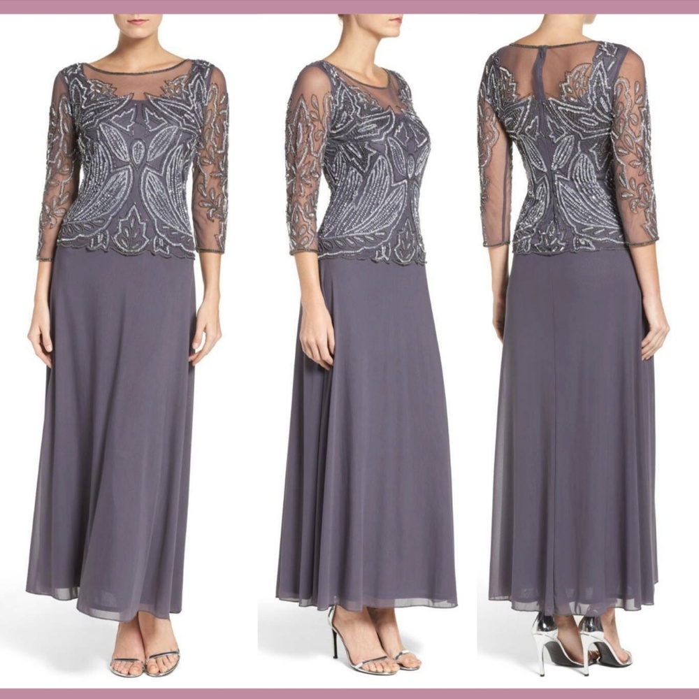 NEW Pisarro Nights Embellished‎ Mesh Gown in Slate Grey [Size 6 ]